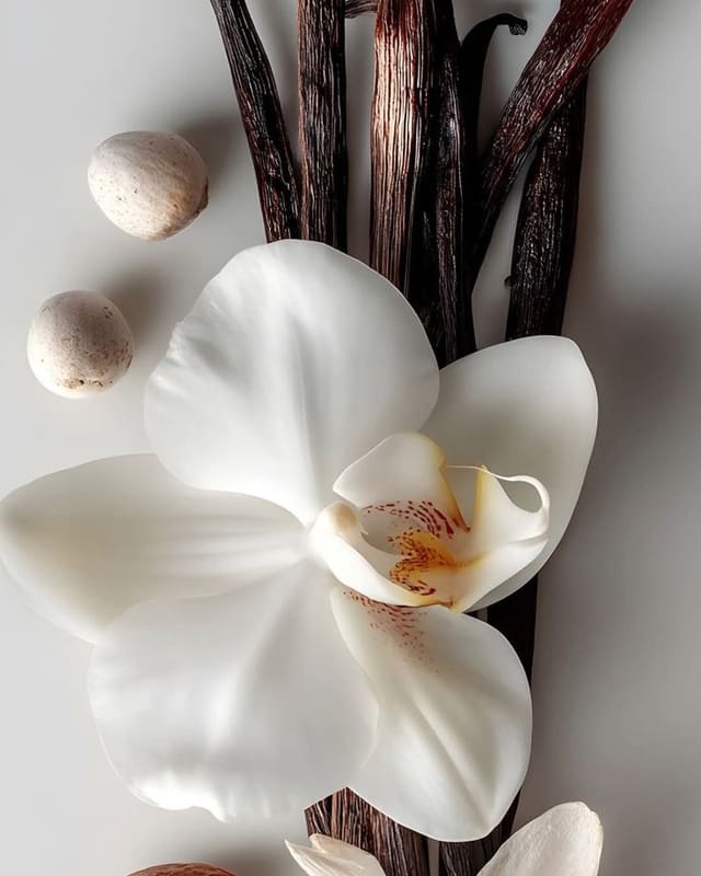 Orquídea blanca con vainas de vainilla.