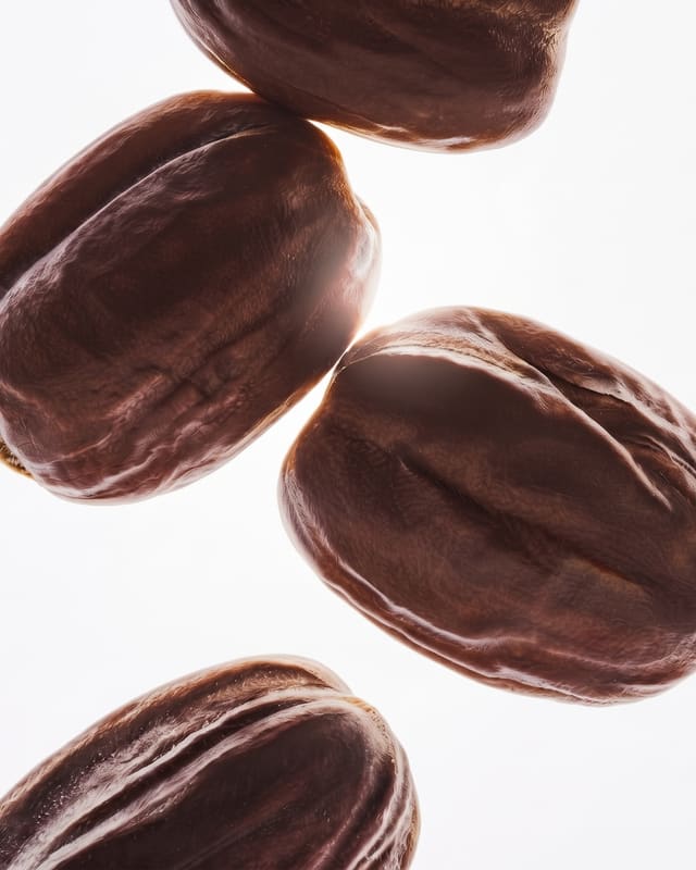 Semillas de jojoba a contraluz sobre fondo blanco.