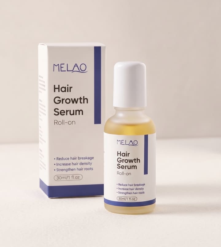 MELAO Hair Growth Serum Roll-On de 30 ml junto a su caja, sobre fondo claro.